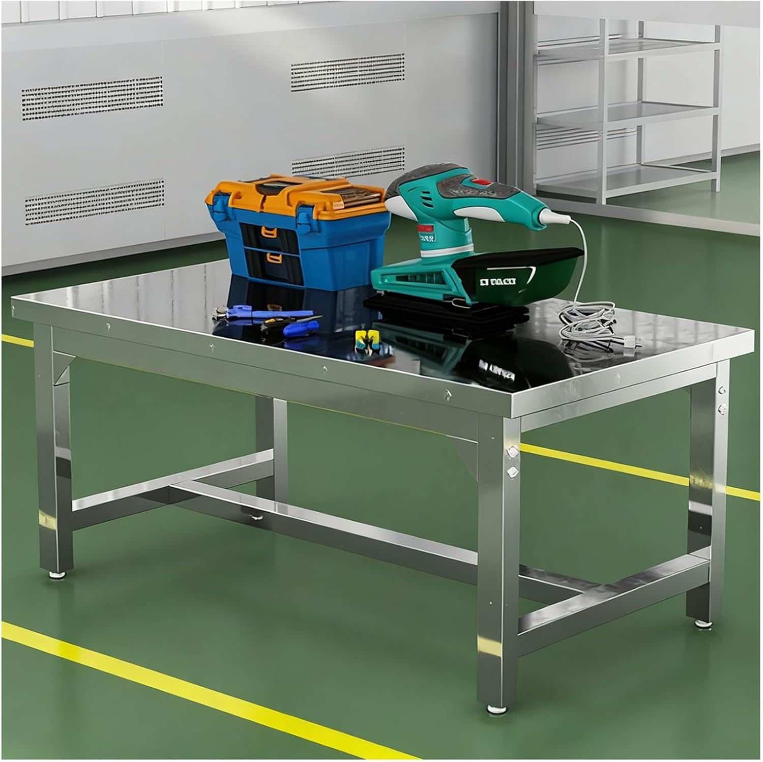 Stainless Steel Table Heavy-Duty Construction Kitchen Work Tables Wide Countertop Adjustable Legs Reinforced Frame Triangular Stabilization Sturdy Crossbeams High Load Capacitility