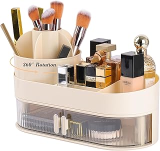 Organizador de Maquillaje Giratorio 360° con Cajón Bandejas Cosméticos Cremas Almacenaje Maquillaje para Tocador Baño Pintalabios Organizador Perfumes Skincare 2 Capas
