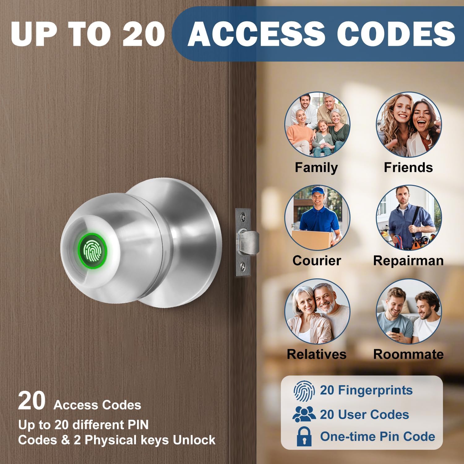 YFK Smart Fingerprint Door Lock for Bedroom, Keyless Entry Door Knob with Handle, Biometric Front Door Lock with App & Backup Keys for Home, Apartment, Office, Hotel (Silver)