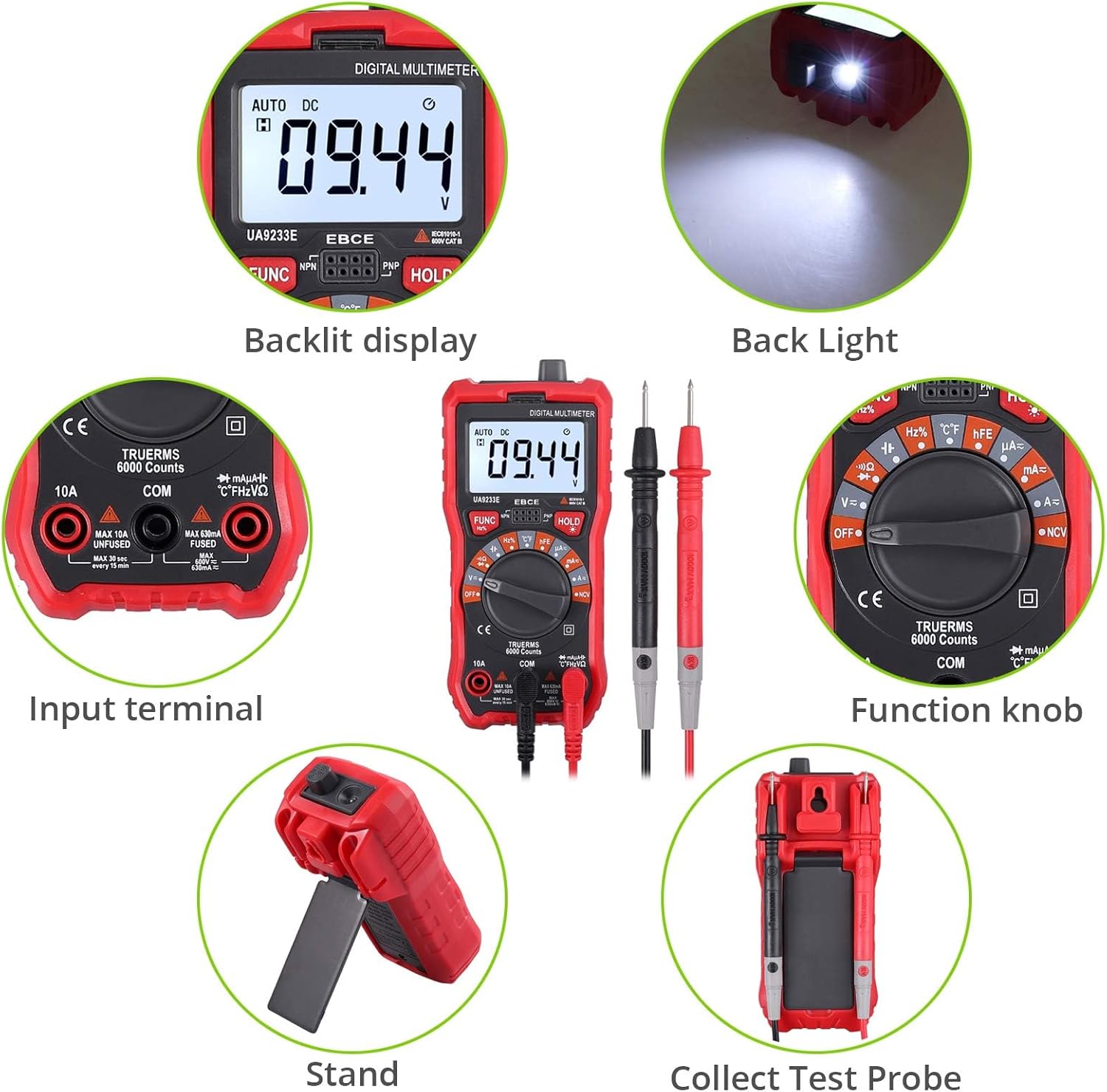 Front view of the CAMWAY Digital Multimeter showing the backlit LCD display, function knob, input terminals, and buttons for FUNC, HOLD, and backlight.
