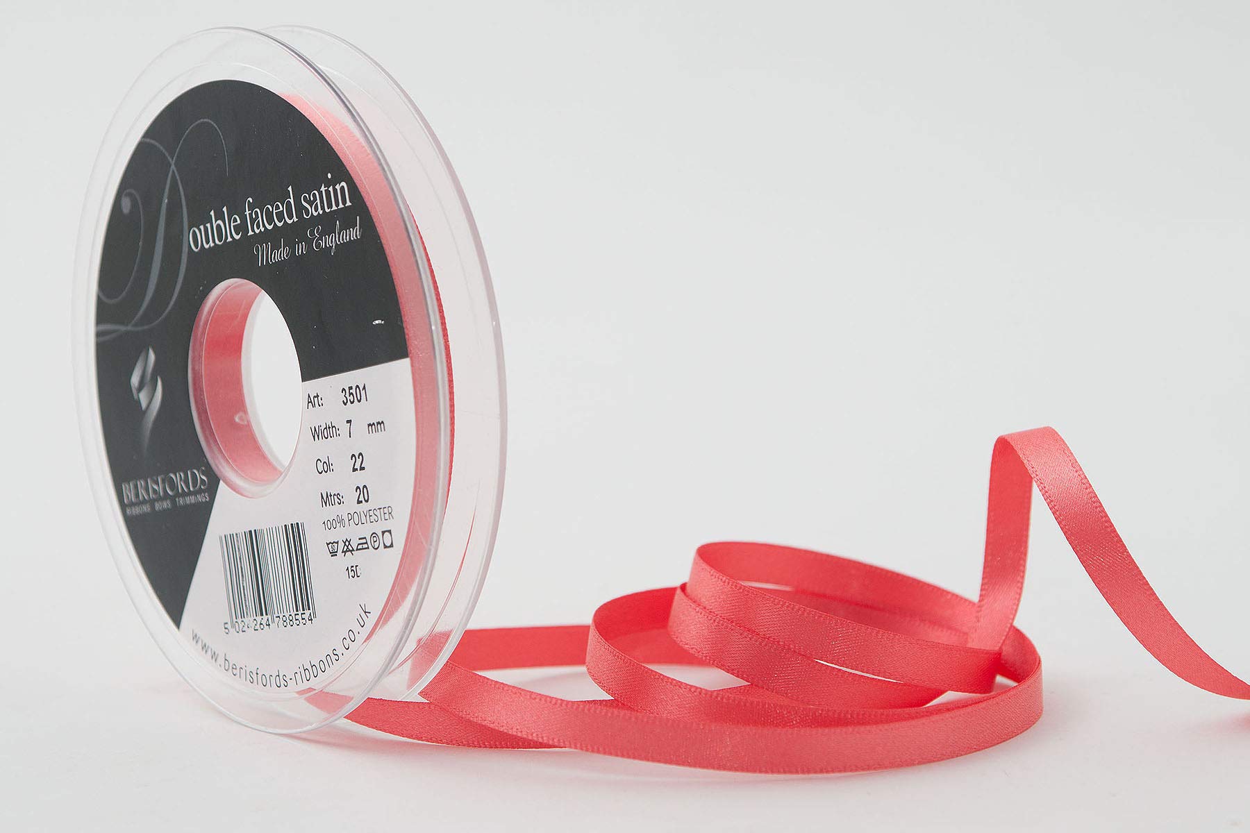 Berisfords Satin Ribbon, Coral, 7 mm