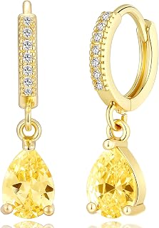 Kyerlyn 14K Gold Plated Birthstone Hoop Earrings for Women, Teardrop Birthstone Dangle Earrings Dainty Hoop Huggie Earrings Personalized Charm Minimalist Jewelry Birthday Gifts
