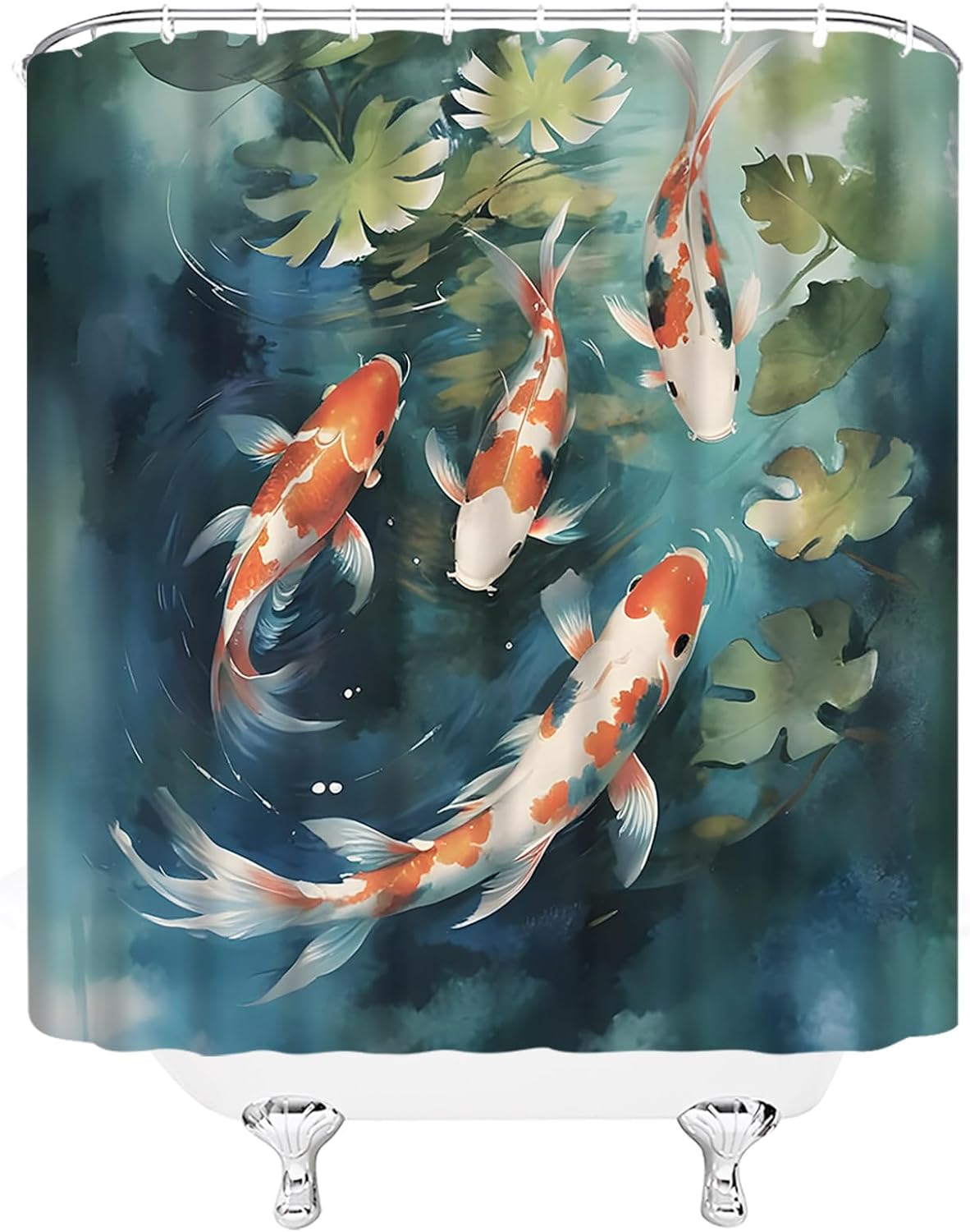 Koi Fish Shower Curtain Japanese Asian Art Colorful Carp Pond Oriental Traditional Watercolor Ink Painting Fabric Bathroom Decor Set with Hooks,(70" Wx84 H)