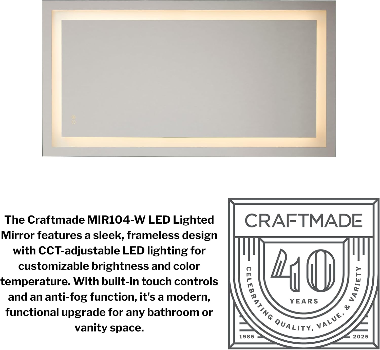 Craftmade LED Lighted Mirror | 60" x 32" Dimmable Bathroom Vanity Mirror | CCT Adjustable 3000K-4000K-5000K | Anti-Fog | Frameless Design | Wall Mounted | Modern Lighted Mirror for Bathroom