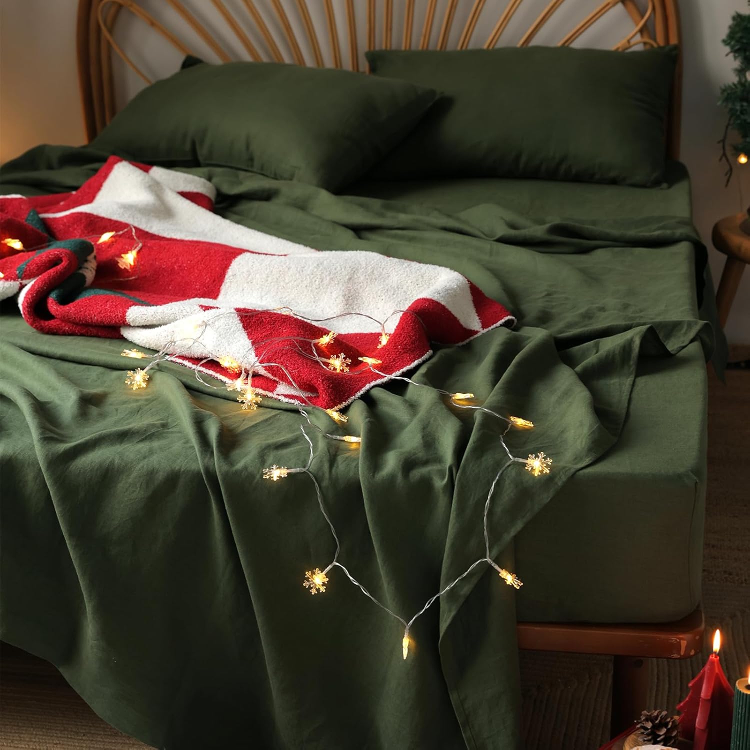 XZ XIFA Green Linen Sheets Full Size - 100% Washed French Flax Organic Linen, Cooling Sheets Set for Hot Sleepers (1 Flat, 1 Fitted, 2 Pillowcases)