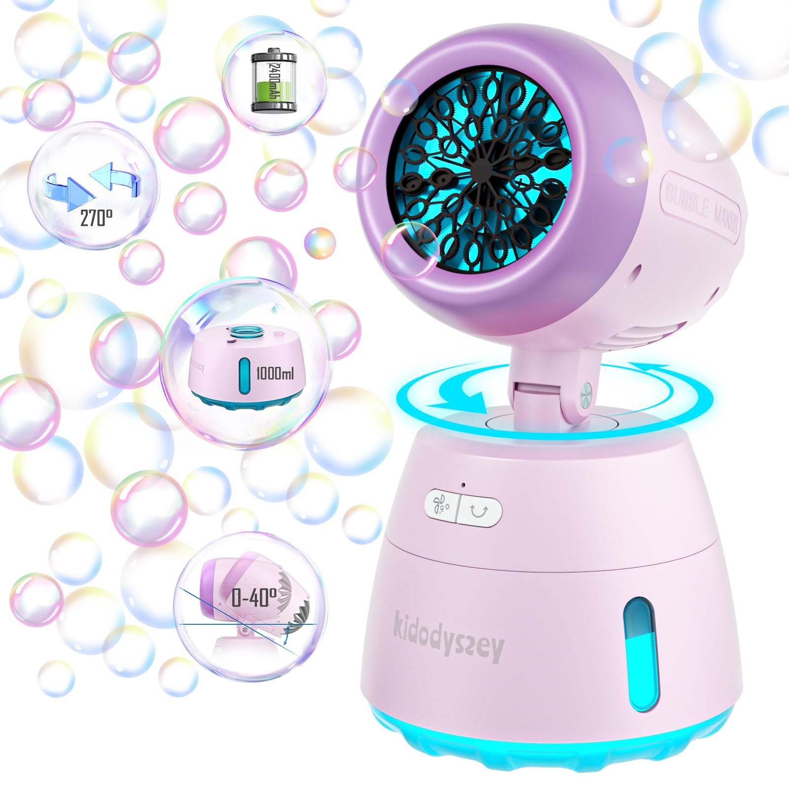 Kid Odyssey Automatische Seifenblasenmaschine, Bubble Machine 40°/270°drehbar, 1000ML wiederaufladbare Blasenmaschine mit 20000+ Blasen, Bubble Maker für Outdoor/Party/Hochzeit, Violett