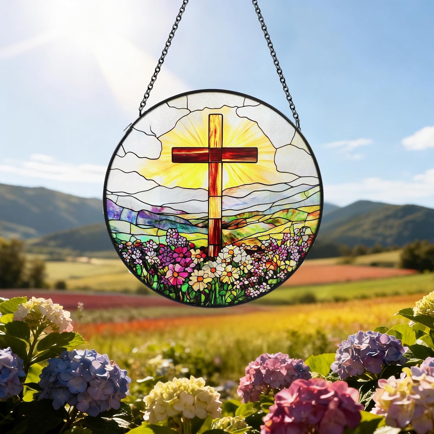 8 Inch Stained Glass Cross Suncatcher, Christian Window Hanging - Religious Easter Home Decor Gift