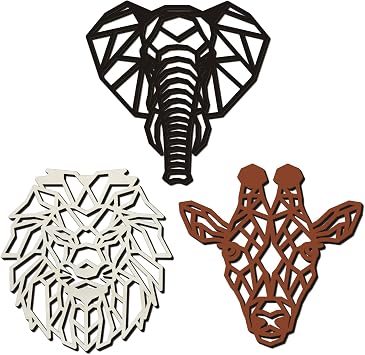 3 Pieces Safari Wood Heads of Lion, Elephant, Giraffe for Bedroom Above Bed