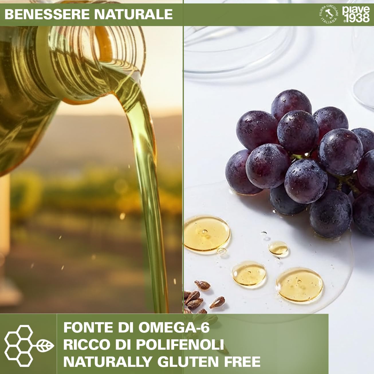 PIAVE 1938 Olio di Vinacciolo 5L Professionale - Per Ristorazione (Fritture, Dolci, Maionese) e Centri Massaggi - Alto Punto di Fumo 245°C, Olio di Semi d'Uva Puro Neutro Grape Seed Oil