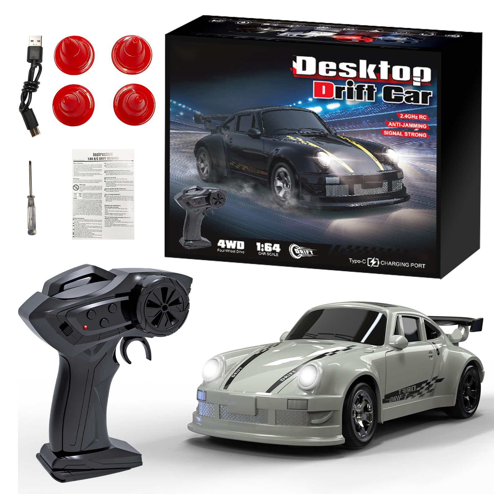 1:64 Scale Mini RC Drift Car, 2.4GHz 4WD Full Proportional Model Vehicle with LED Lights, Handheld Drift Car Racing Sport Toy for Adults Teens (White)