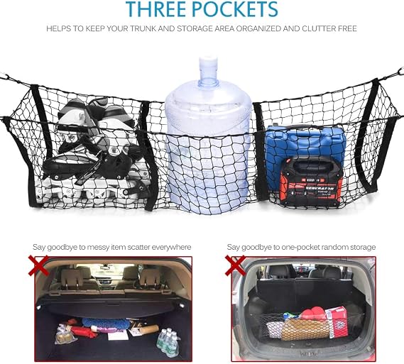 MICTUNING Cargo Net with Hooks, Van Three Pocket Trunk Net 47*11*12 inch