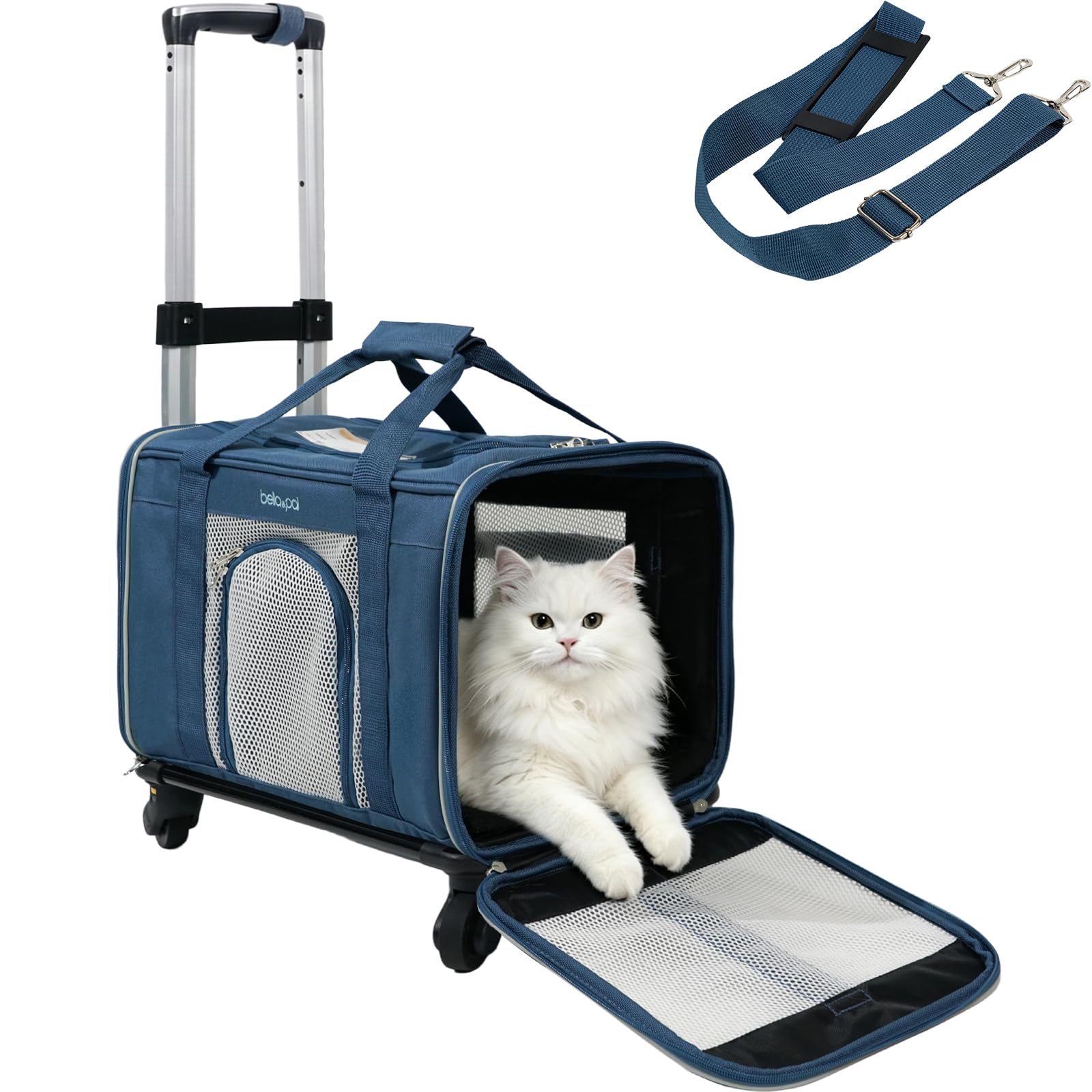 BELLA & PAL Sac de Transport Chat avec roulettes 45x28x28 cm | Trolley pour Chat & Petit Chien | Sac Pliable Homologué Avion avec Chariot Amovible, Fermetures Auto-Bloquantes & 3 Accès