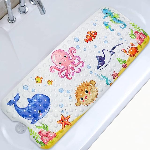 Moocuca Non-slip children's bath mat (100 x 40 cm), sea animal picture bath mat with 200 suction cups, baby shower bath non-slip mat, mould resistant, machine washable. (Pink Octopus)