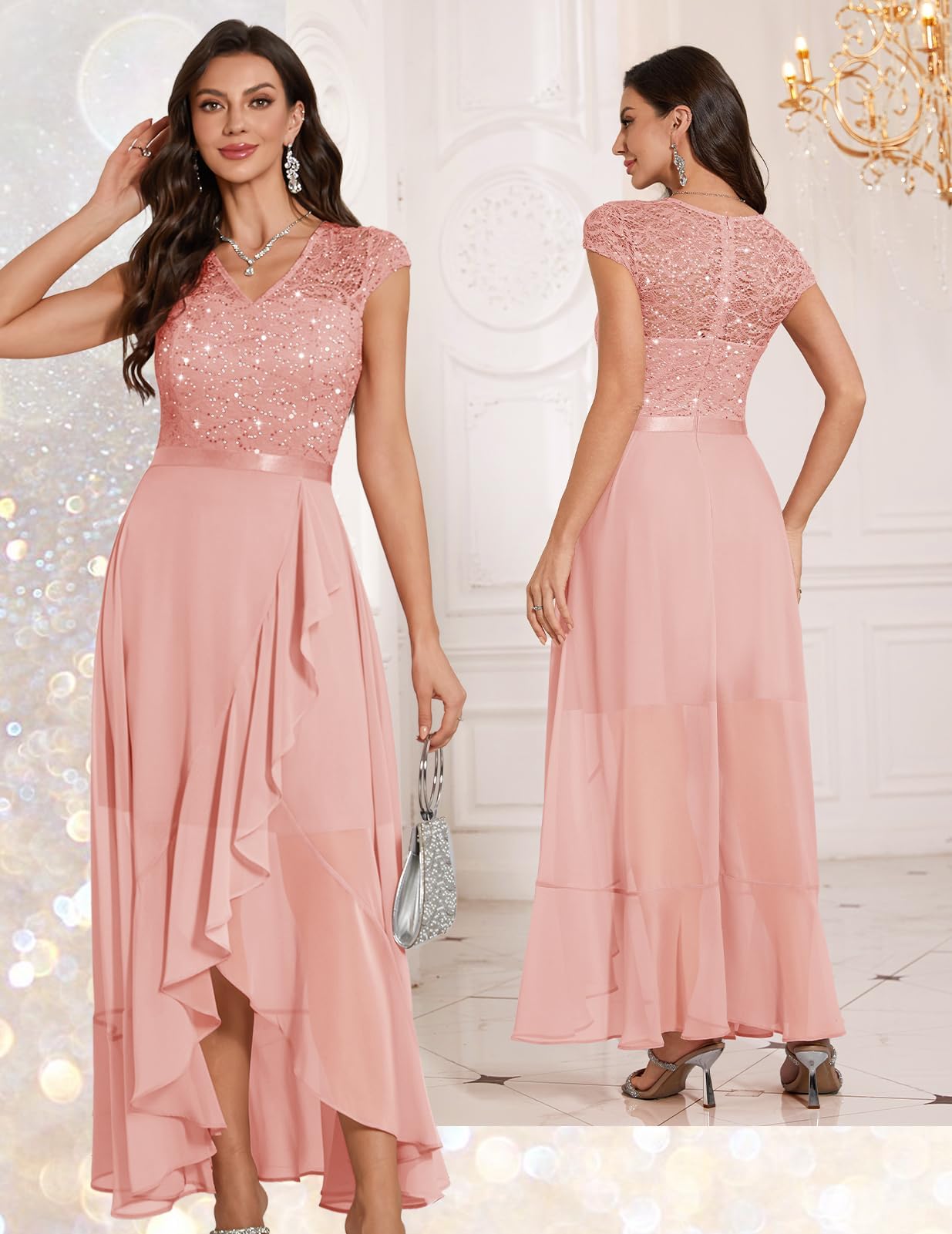 Bbonlinedress Vestido formal de cóctel para mujer, con lentejuelas, encaje floral, boda, dama de honor, graduación, cuello en V, manga casquillo