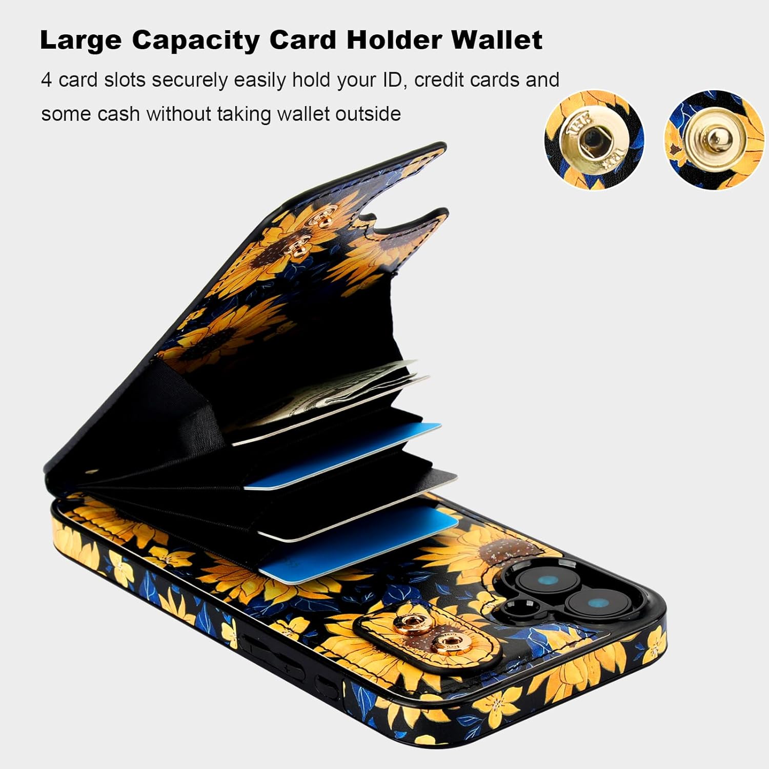 HAOPINSH for iPhone 16 Plus Wallet Case with Card Holder, 360°Rotation Ring Kickstand, Blooming Sunflowers Pattern, RFID Blocking Leather for Girls Women, Protective Cover 6.7"