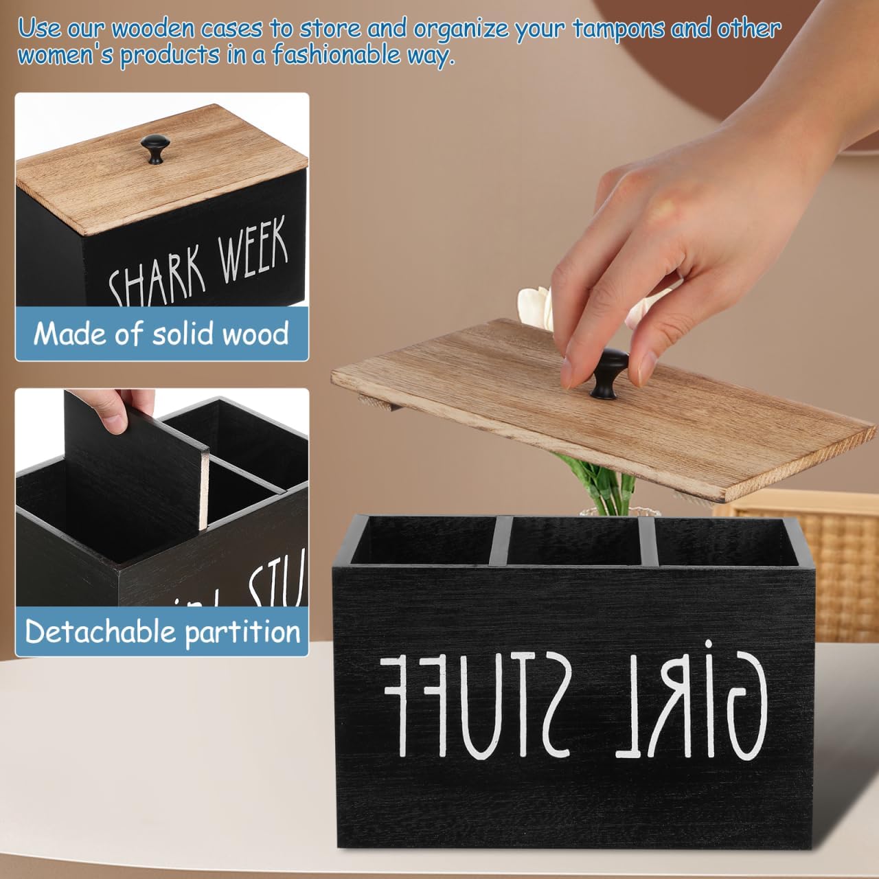 STOBAZA Tampon Holder Box with Lid Period Organizer Storage Box with Removable Dividers Cotton Swab Container for Bathroom Pads Laundry 7.75 X 5.03 X 5.03 in