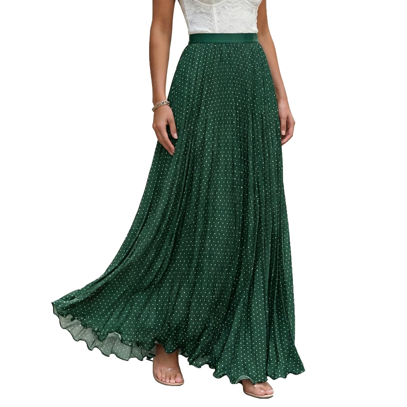 Midi Long Skirt Pleated Women's Maxi Skirts Polka Dot Printed(Gr�n,Lagre)
