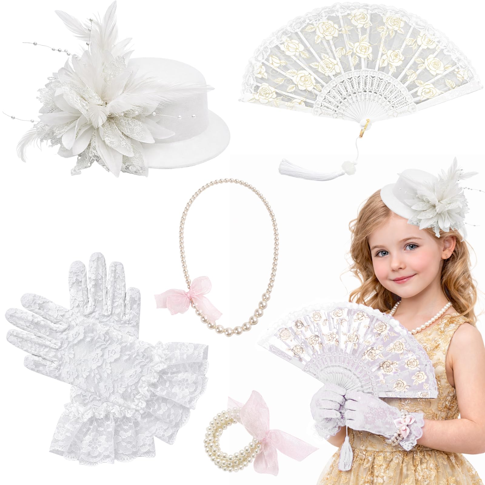 MUNSKT Girls Tea Party Set,5PCS Girls Teas Party Fascinators Hats with Lace Gloves Pearl Necklace Fan,Girl Tea Partys Accessories1920s Tea Party Church Wedding (White)