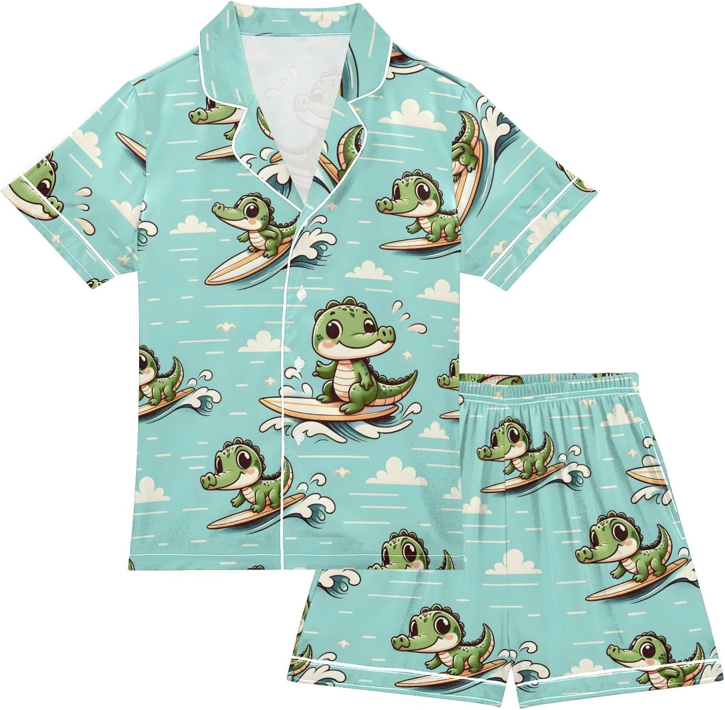 Kids Casual Satin Wear Set Cute Little Crocodile Surfing Unisex Short Sleeve Clothing for Relaxing