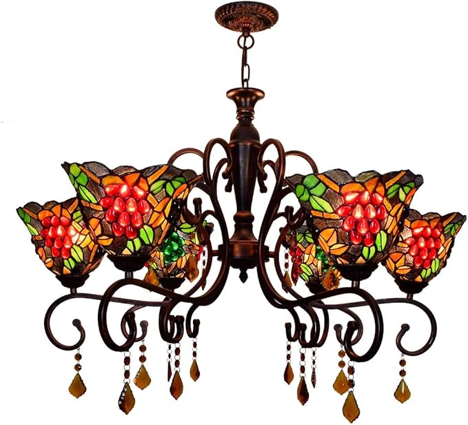 Xiaochen Tiffany glazen kroonluchter 32" Tiffany 6 Heads Red brons koffie staan ​​Crystal Chandelier donkere druiven Lamp Kleurrijke luxaflex Inverted Ceiling Pendant Lamp For Lobby Living Opknoping Light Roo