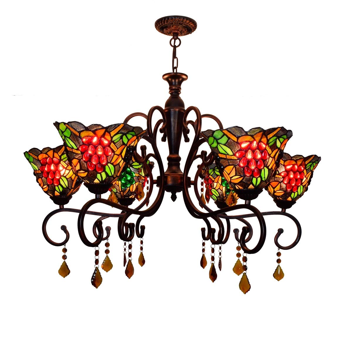 HJRegaFimu Kitchen Chandelier Large Light Fixture 32" 6 Heads Red Bronze Coffee Stand Crystal Dark Grapes Lamp Colorful Glass Shades Inverted Ceiling Pendant For Lobby Living Han