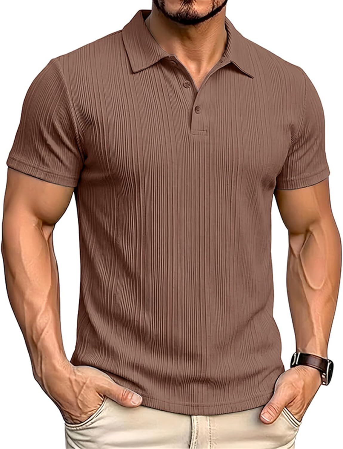 Ymosrh Men's Polo Shirts Short Sleeve Solid Color Textured Business Dress Golf Work Collar Shirts, S-3XL