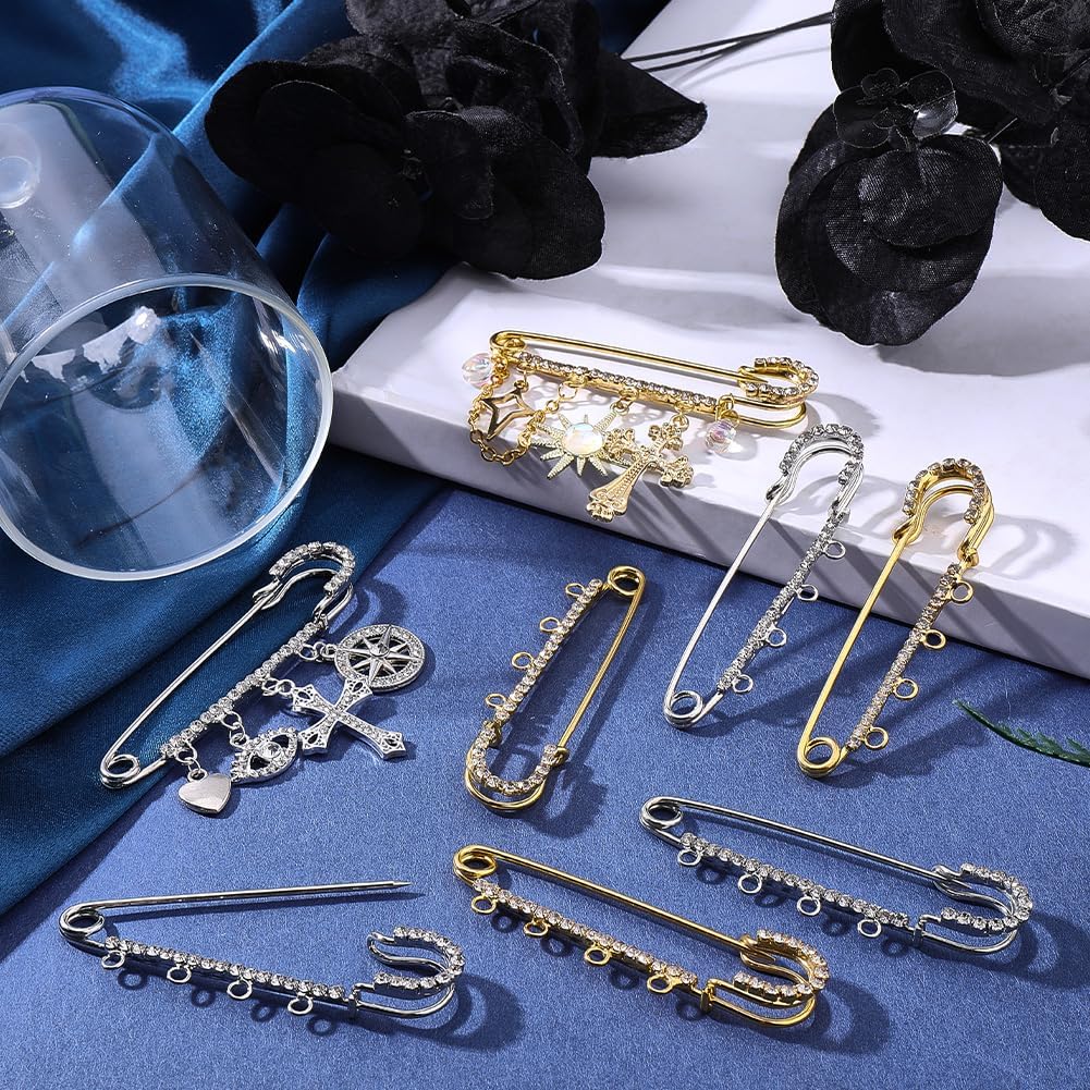 SUNNYCLUE 1 Box 16Pcs Safety Pins Brooch Large Kilt Pins Bulk Gold Silver 2.8 Inch Iron Metal Fastener 5 Loops Rhinestone Findings for Jewelry Making DIY Sewing Clothes Blankets Skirts Kilts Knitted