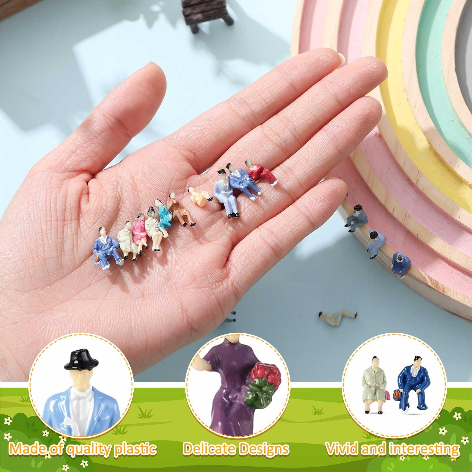 Namalu 50 Pcs 1: 87 Sitting Pose Scale Mini People Figurines Set Tiny Sitting People Colorful Model Miniature Trains Architectural Painted Figures Model Tiny Plastic Figurines for Miniature Scenes - Image 3