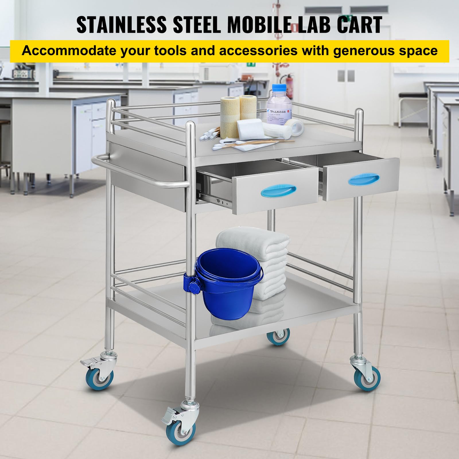 Happybuy 2-Tier Stainless Steel Medical Serving Cart, Utility Rolling Cart with Drawers, Lockable Wheels, Perfect for Laboratories, Hospitals, and Dental Clinics