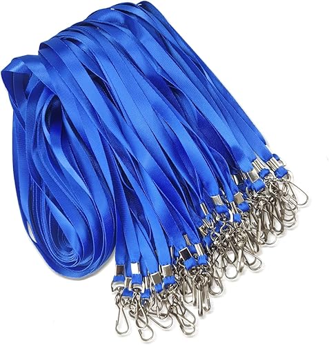 Paquete de 50 cordones azules a granel para soporte de tarjetas de identificación, cordón plano duradero con gancho giratorio y clip para insignia