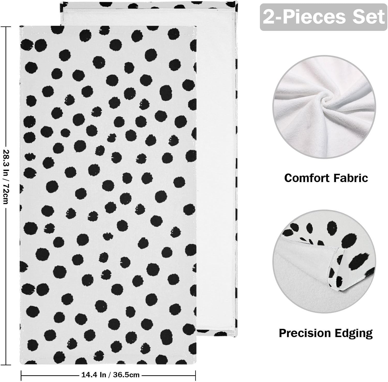 2 Pack Black White Polka Dots Hand Towels for Bathroom,Soft Absorbent Boho Black Spots Doodle Kitchen Dish Towels,Modern Decorative Guest Bathroom Towels for Bath,Face,Shower,Gym 14"x28" - Image 2