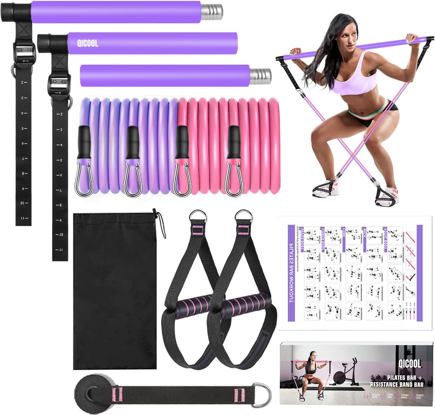 Pilates Bar Kit with Resistance Bands，Foot Strap and Door Anchor, Workout Sets for Women & Men, Qicool Pilates Resistance Bands Exercise Fitness Equipment Home Gym Yoga, Multifunctional Full Body