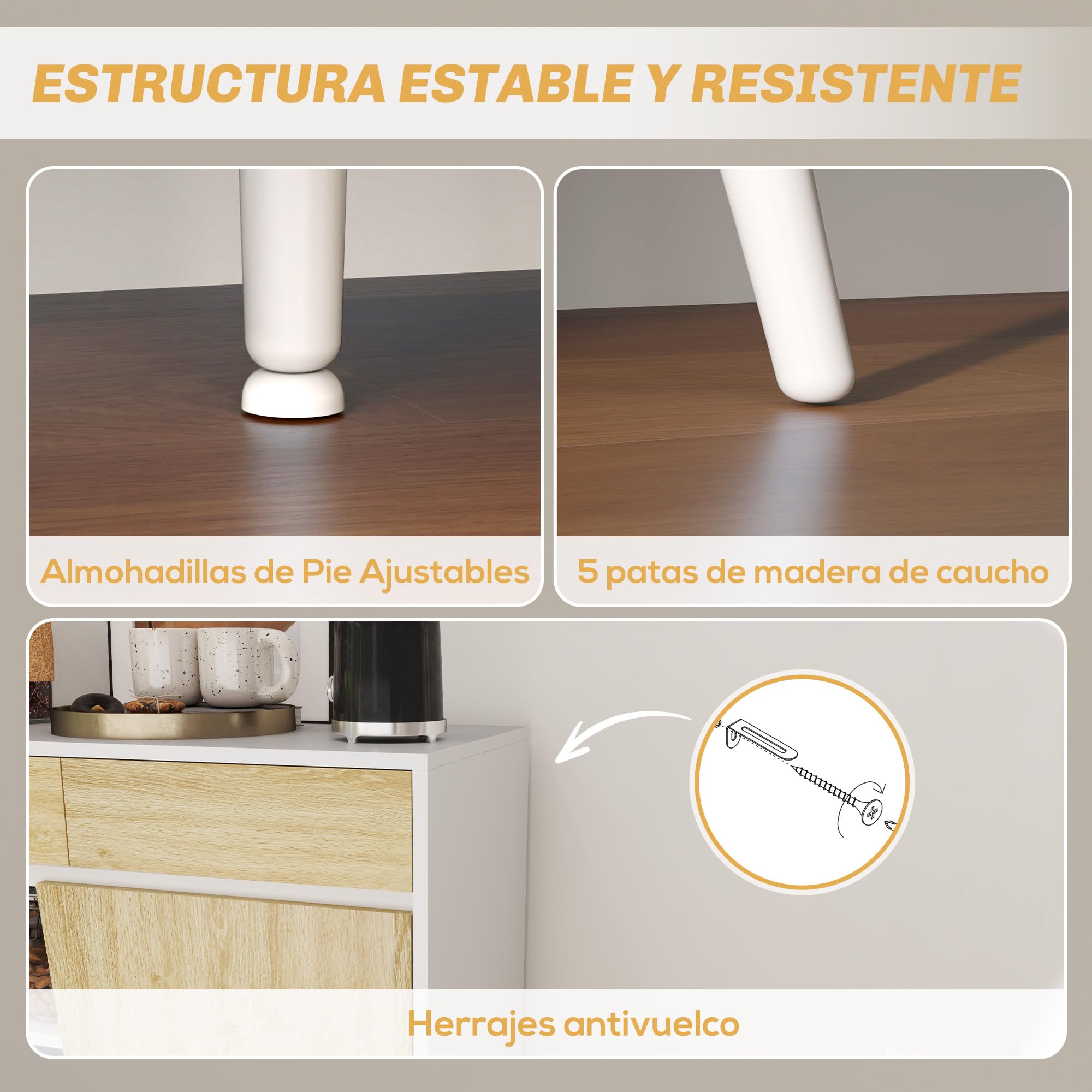 HOMCOM Aparador de 2 Puertas con 3 Cajones 120x39x77 cm Blanco y Natural | Aparador de Salón, Estantes, Mueble para TV, para Dormitorio, Sala de Estar