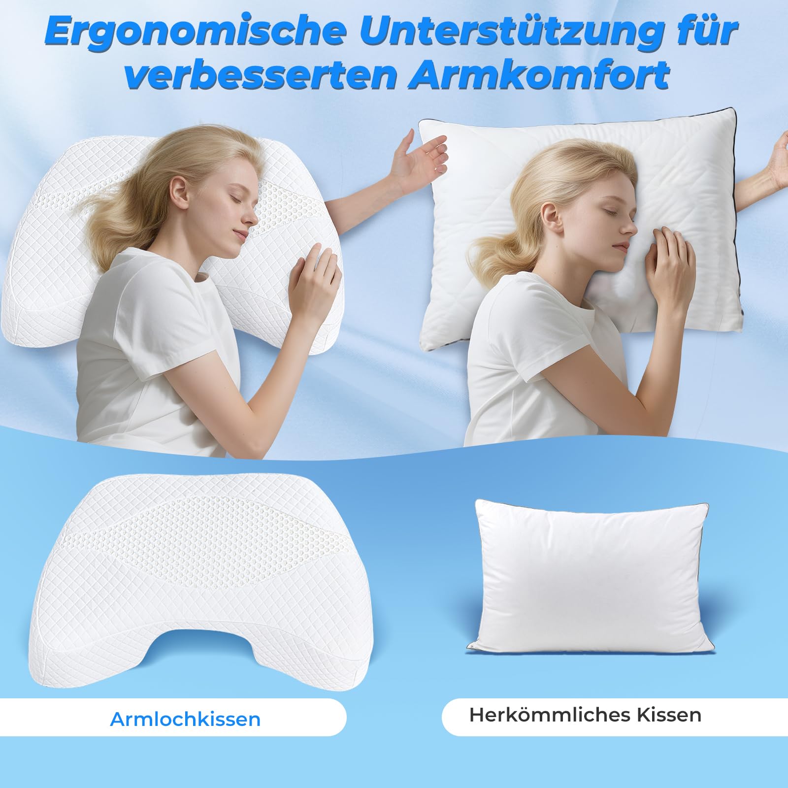 SAHEYER Seitenschläferkissen mit Armloch, Ergonomisches Kopfkissen, Memory Foam Kissen, Multi-Angle Armholes Nackenkissen für die auf der Seite/Rücken/Bauch schlafen