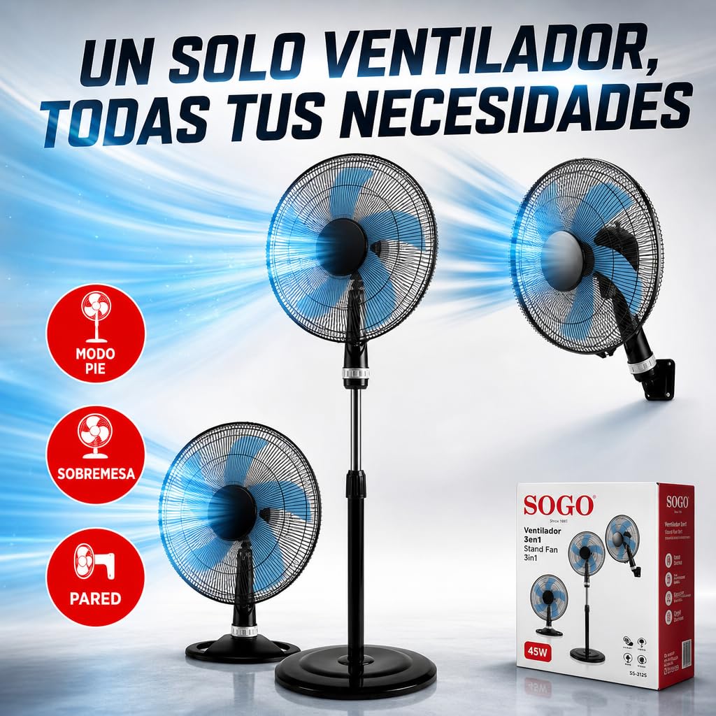 Sogo Ventilador 3 en 1 Silencioso Potente con 5 Aspas - Ventilador de Pie Sobremesa y Pared Versátil para Hogar y Oficina - Ventilador 16 Pulgadas Bajo Consumo con 3 Velocidades Ajustables