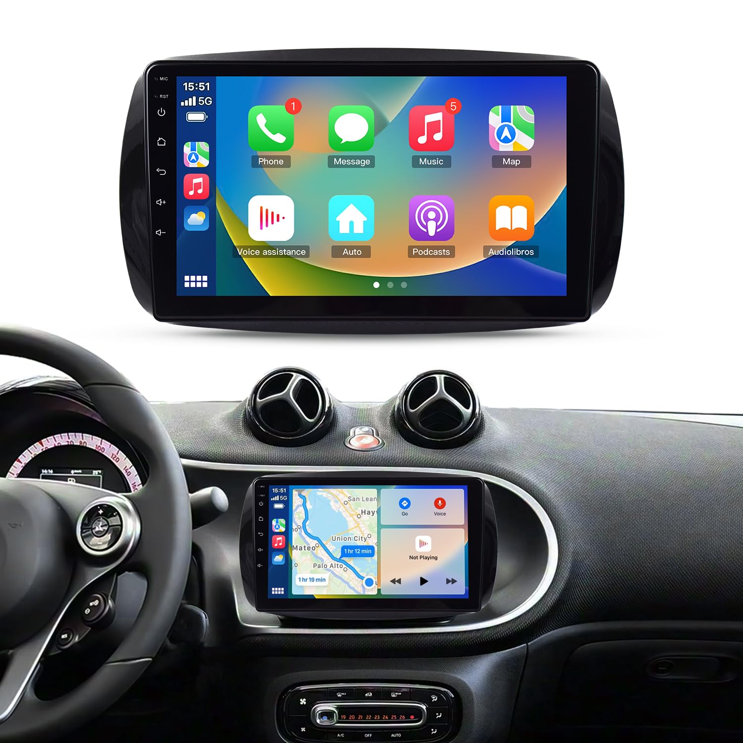 Autoradio per Smart 453 (2015–2020) – Display 9" HD, Android con Apple CarPlay Wireless & Android Auto, 4GB RAM 64GB ROM, CANBUS Incluso, Design OEM
