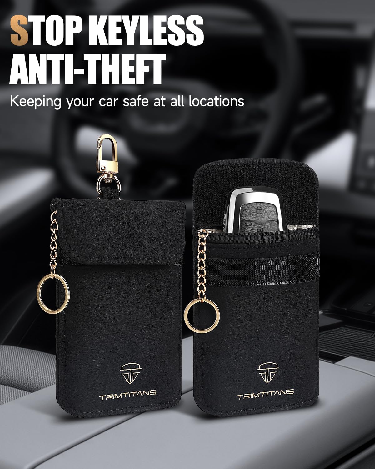 Faraday Pouch for Car Keys (2 Pack), Suede Leather Faraday Bag for Key Fob with Wristband, Car RFID Signal Blocking Holder, Anti-Theft Key Fob Protector Case (Medium Size)