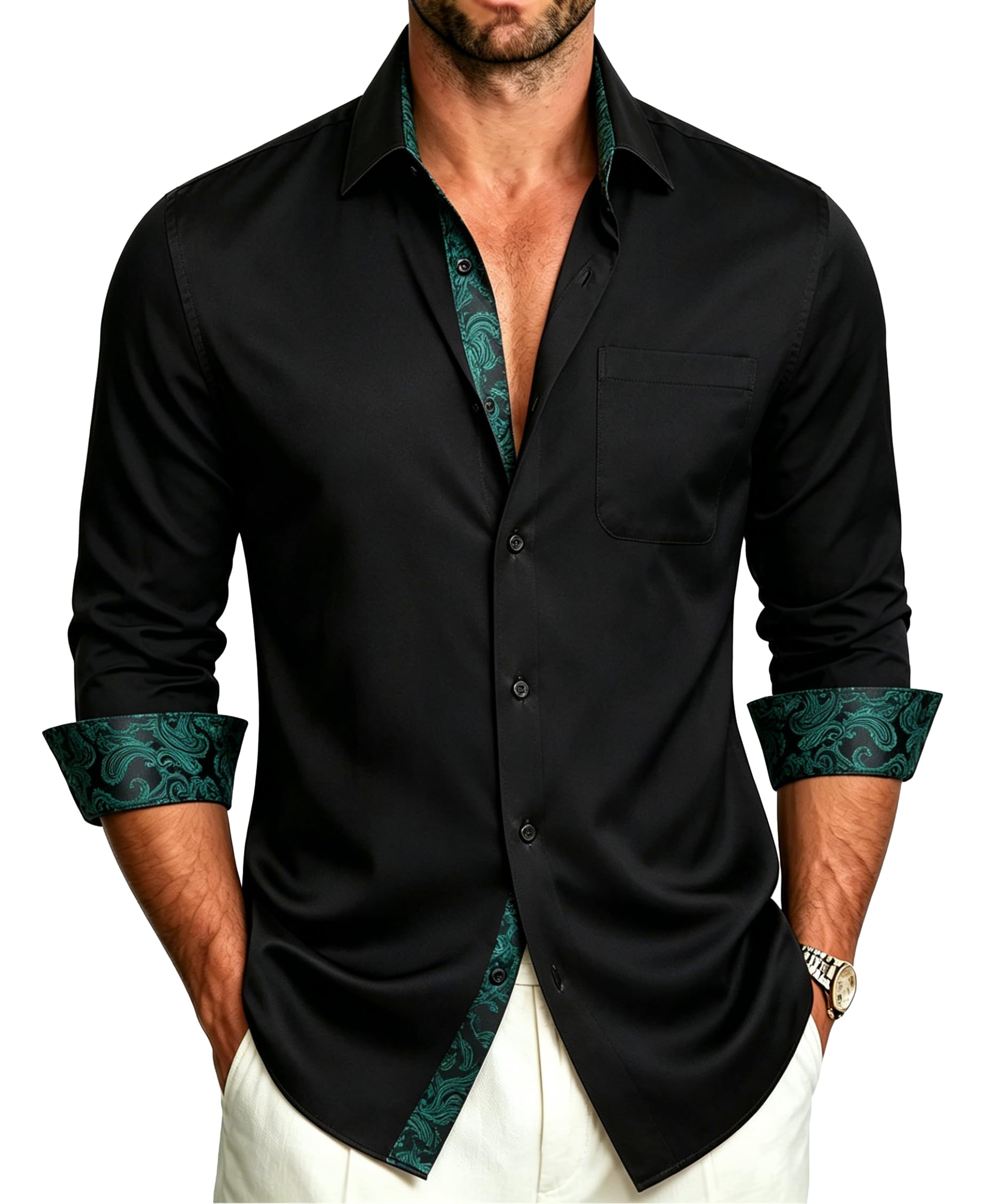YourTies Camicia da uomo a maniche lunghe con motivo cachemire a contrasto interno e bottoni, stile casual, formale, per feste di nozze