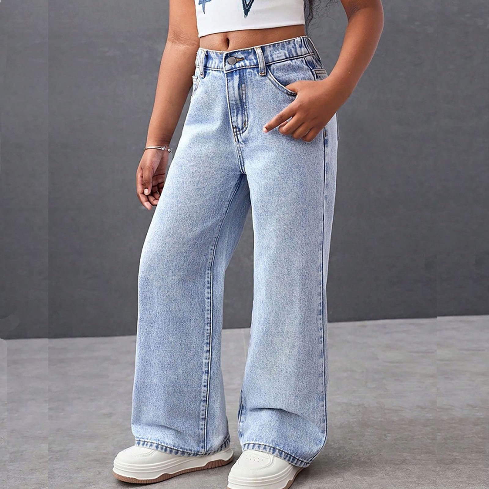 Jeans, alla Moda con Gamba Dritta, in Denim Lavato E Ricamato con Tasca Posteriore per Ragazze Adolescenti dai 9 Ai 13 Anni, Ideale per La Scuola