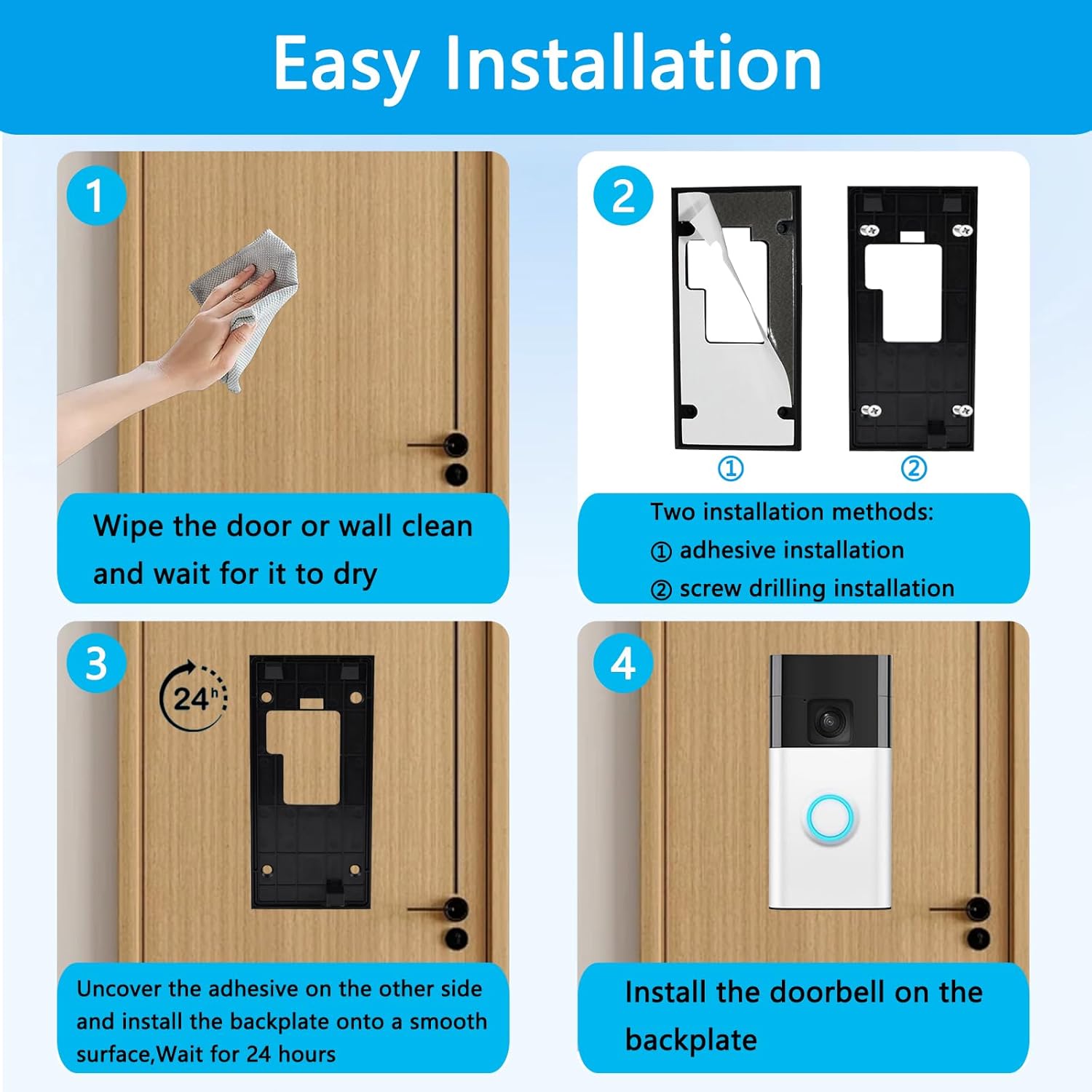 No Drill Doorbell Adhesive Mount Compatible with Ring Battery Doorbell (2024 Release), Doorbell Backplate Mounting Bracket for Apartments Office Houses, 2 Pack Double Sided Tape, 1 Pack Doorbell Key