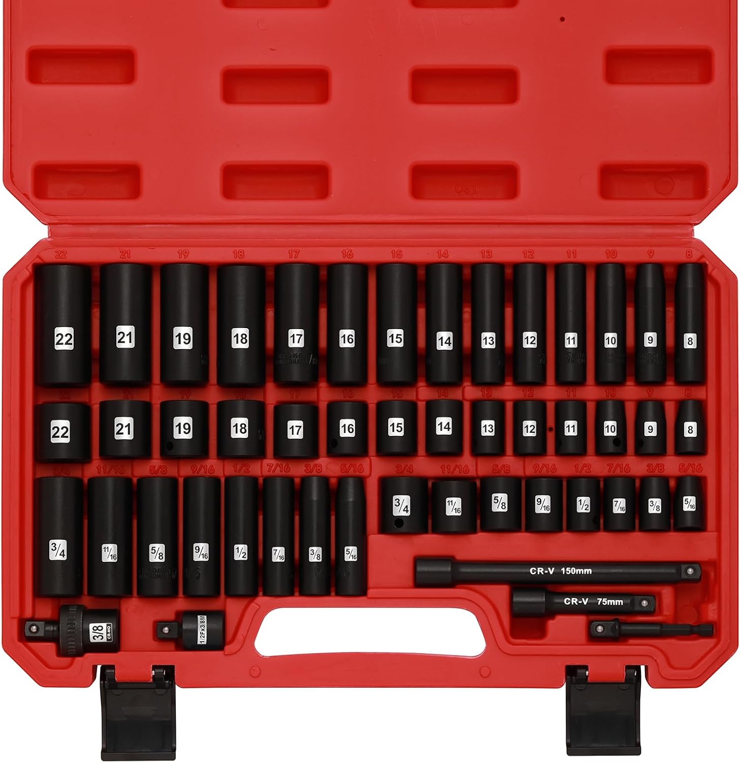 EMENTOL 49PCS 3/8" Drive Impact Socket Set, (5/16"-3/4", 8mm-22mm), SAE/Metric, Deep & Shallow CR-V, 6-Point Impact Socket Set, Impact Extension Bars, Reducer, Universal Joint