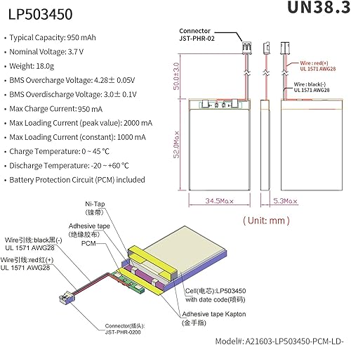 Miniatura 2 de EEMB 3.7V Lipo Batería 950mAh 503450 Batería de iones de polímero de litio recargable con conector JST Asegúrese de que la polaridad del dispositivo