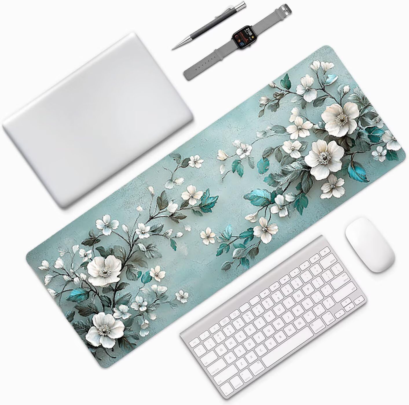 Lpfieonn Blume Großes Schreibtischunterlage, XXL Schreibtischunterlagen, Blau XXL Wasserdicht Gaming Mousepad mit Vernähter Rand und Rutschfeste Gummibasis, für Laptop/Hause/Büro 120x60cm PF-2693