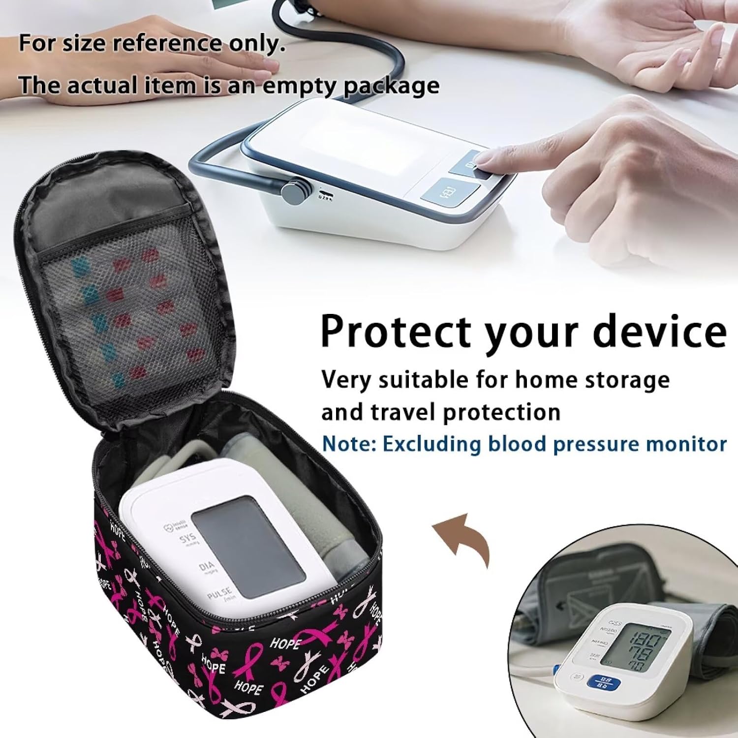 Breast Cancer Awarness Universal Hard Shell Case for Blood Pressure Monitor Compatible Portable Carrying Travel Case Mesh Pocket for Cuff/Batteries/Charger