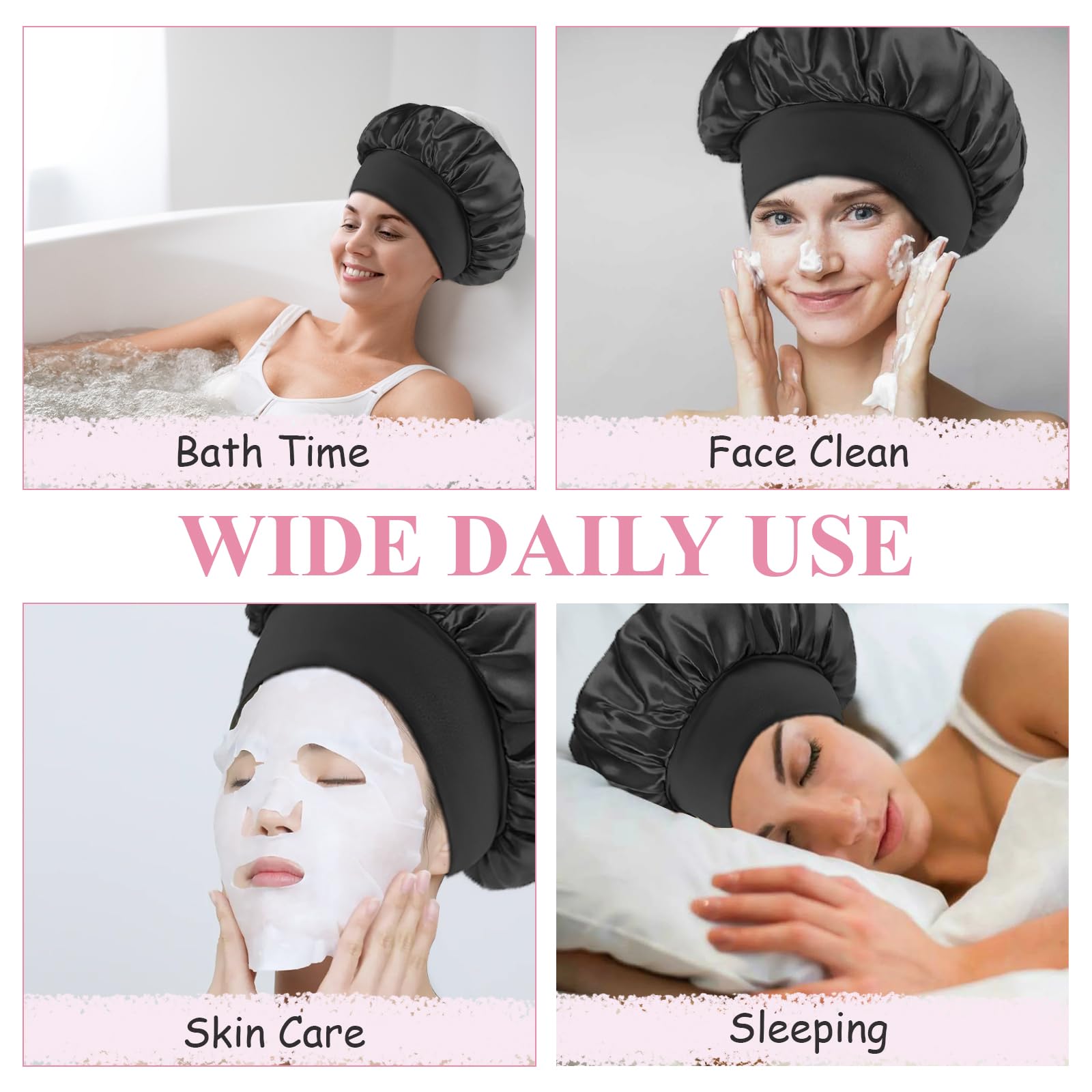 Gorro de Seda para Dormir con Banda Ancha Elástica, Gorro Saten para Dormir, protección para el Cabello,Adecuado para Mujeres, niñas, Negro + Rosa