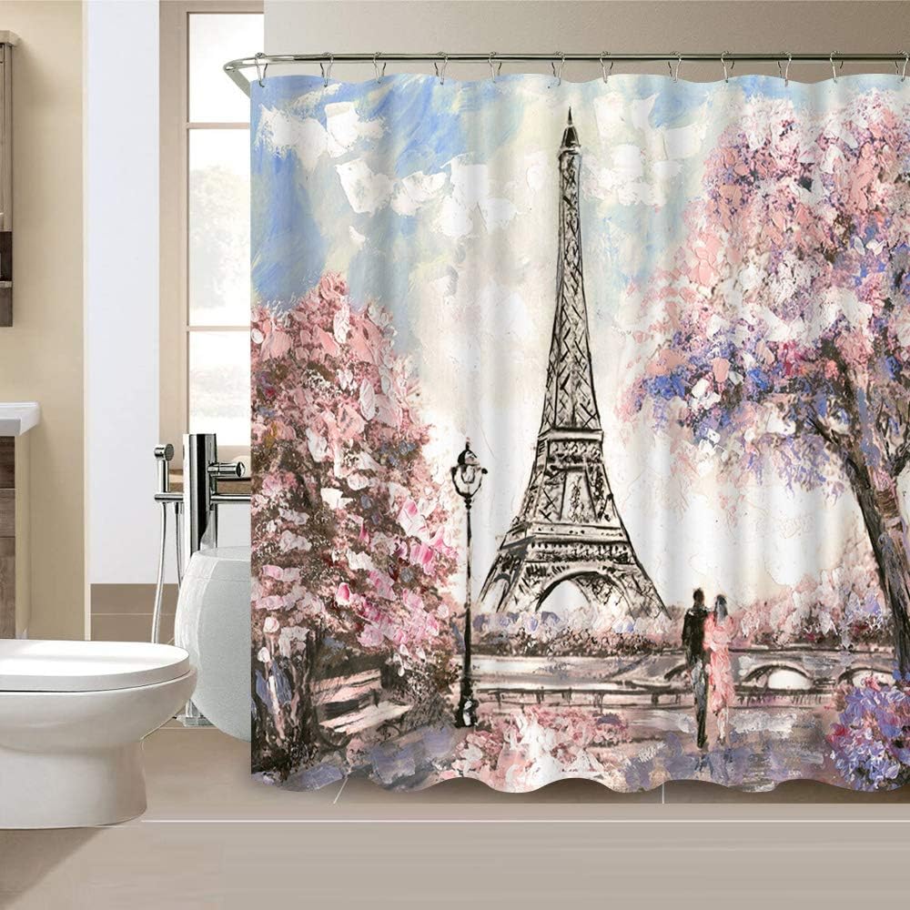 Paris Shower Curtain for Bathroom Sakura Landscape Pink Romantic Waterproof Fabric Curtain Decor with 12 Hooks 72x72 Inches