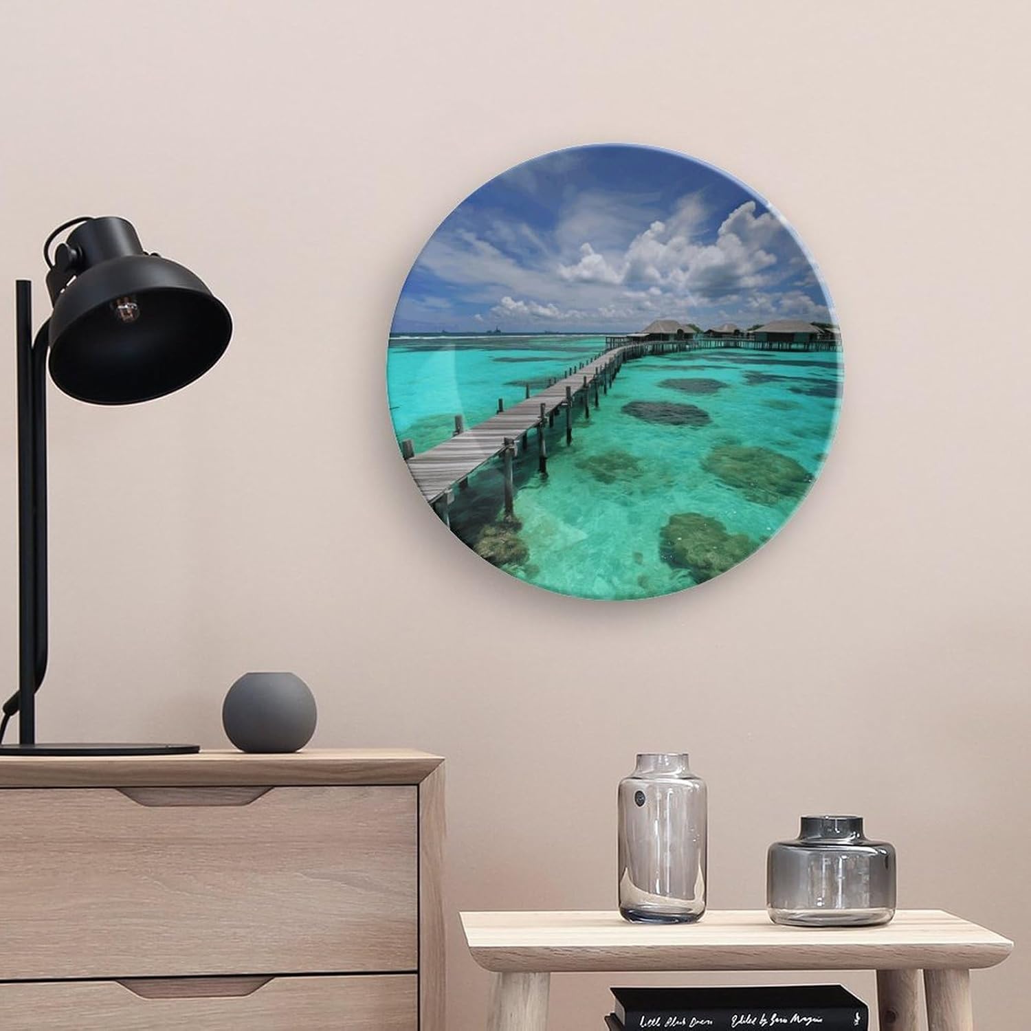 Maldives Scenery Bone China Decorative Plate with Display Stand, Ceramic Ornaments Plate for Wall Hanging, Personalized Porcelain Plates for Office, Living Room 10inch