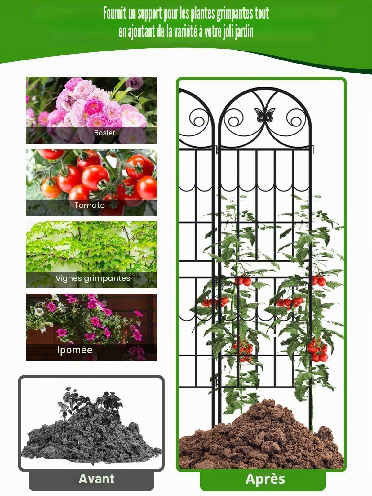 2,2 M Treillis de Jardin pour Plantes Grimpantes, Kalolary Lot 4 Treillis d'escalade Jardin Noirs avec Cadre en Métal Antirouille pour Plantes Grimpantes Pot pour Pelouse Fleurs Légumes Fruits