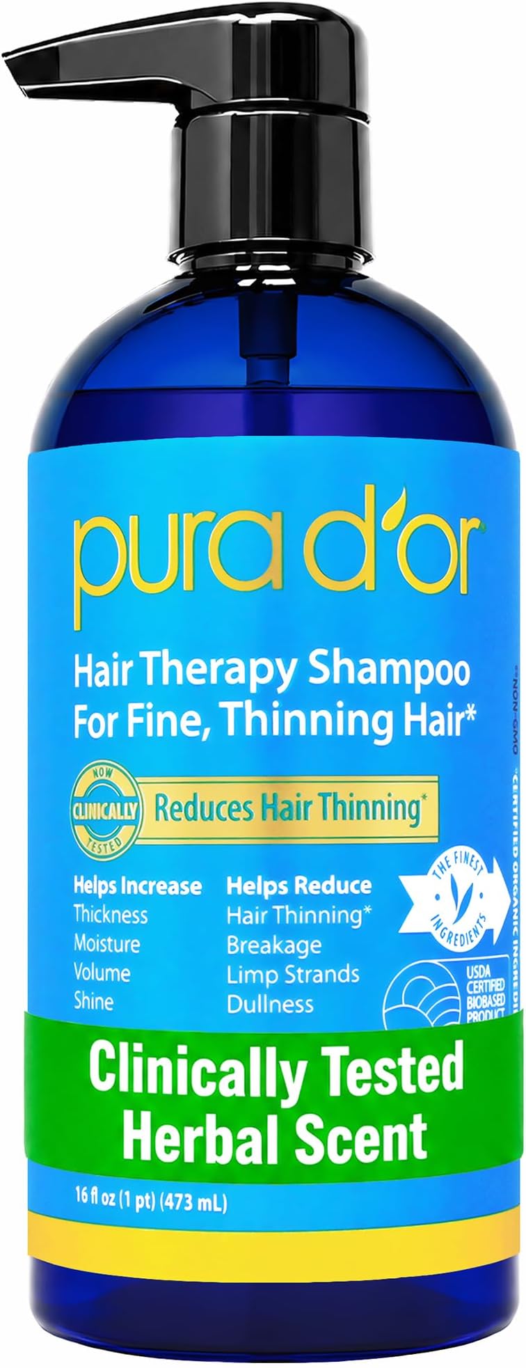 PURA D'OR Hair Thinning Therapy Biotin Shampoo ORIGINAL Scent, 16oz | Fuller Thicker Volume, Clinically Tested, 15 Key Botanicals, Aloe Vera Base, Helps Reduce Breakage, Men & Women, Sulfate-Free