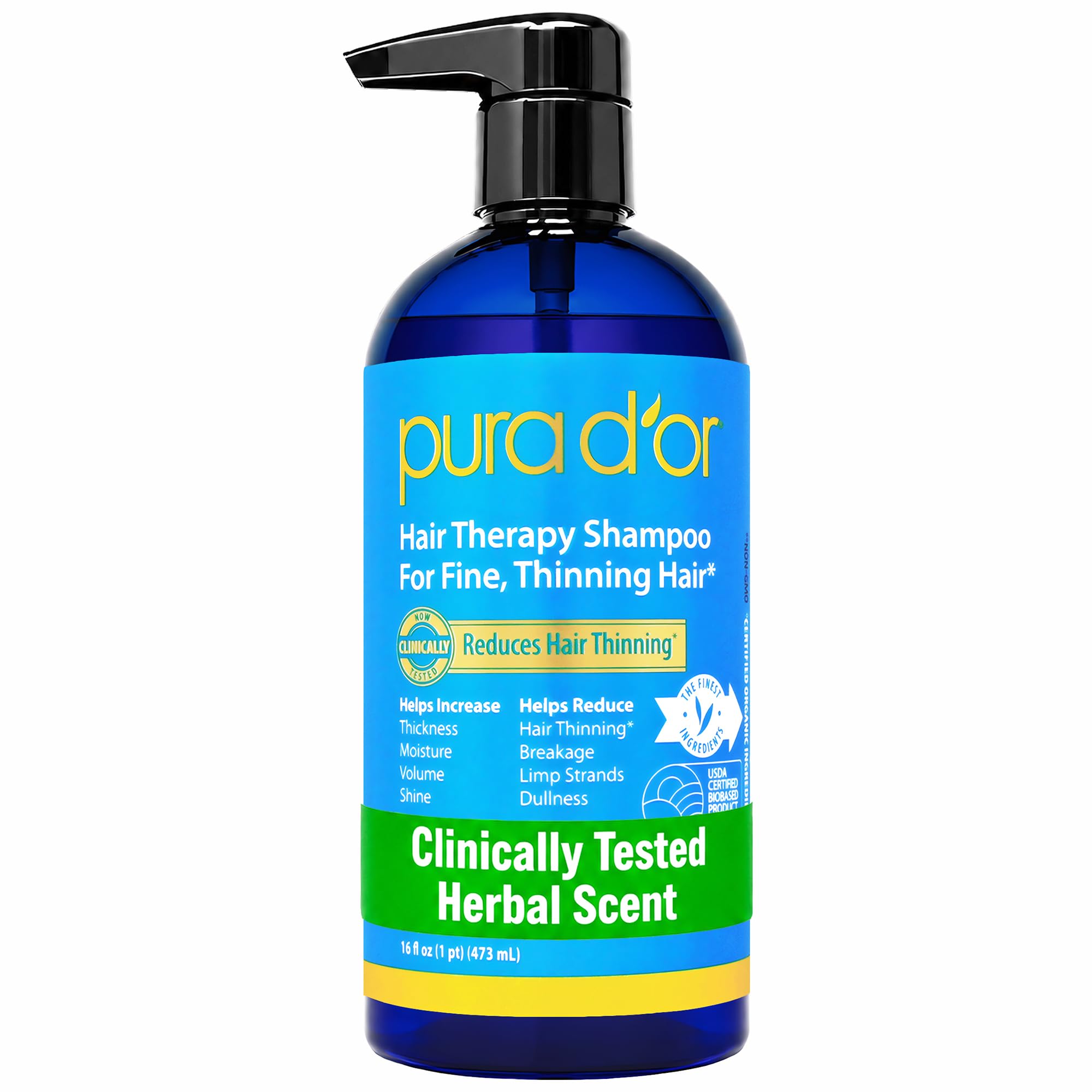 PURA D'OR Hair Thinning Therapy Shampoo, Infused with Argan Oil, Biotin & Natural Ingredients, Sulfate Free, All Hair Types, Men and Women, 473 ml (Packaging may vary)